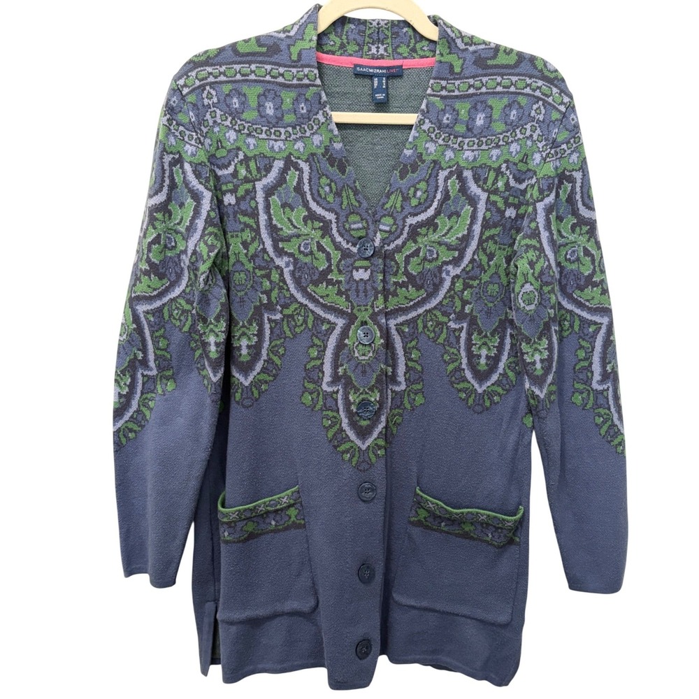 Isaac Mizrahi Live! Blue Patterned Heavyweight Button Cardigan Women's Small